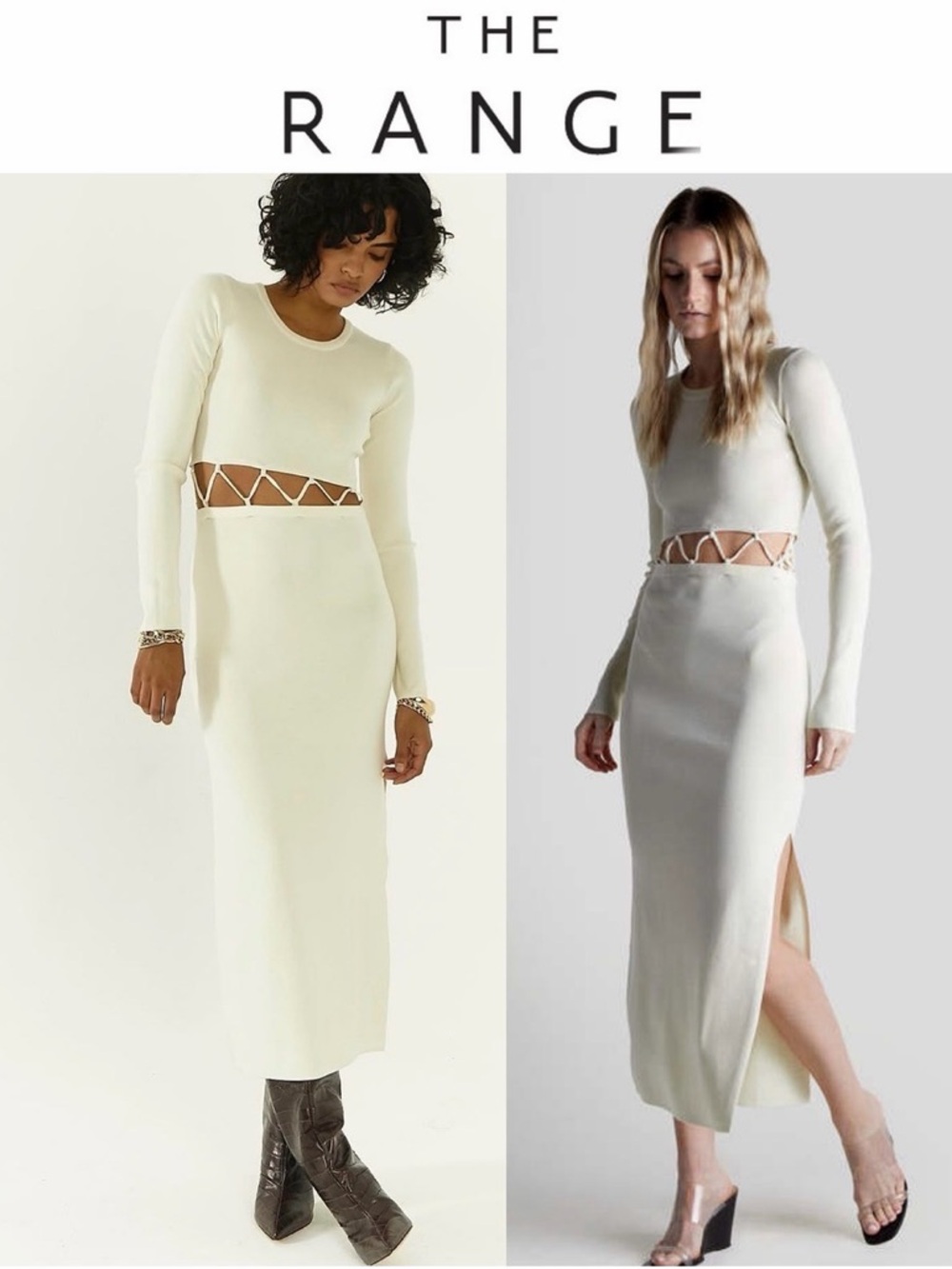 THE RANGE LONG SLEEVE SWEATER DRESS - LIGHT IVORY CUTOUT MIDI SZ M $398 NWT